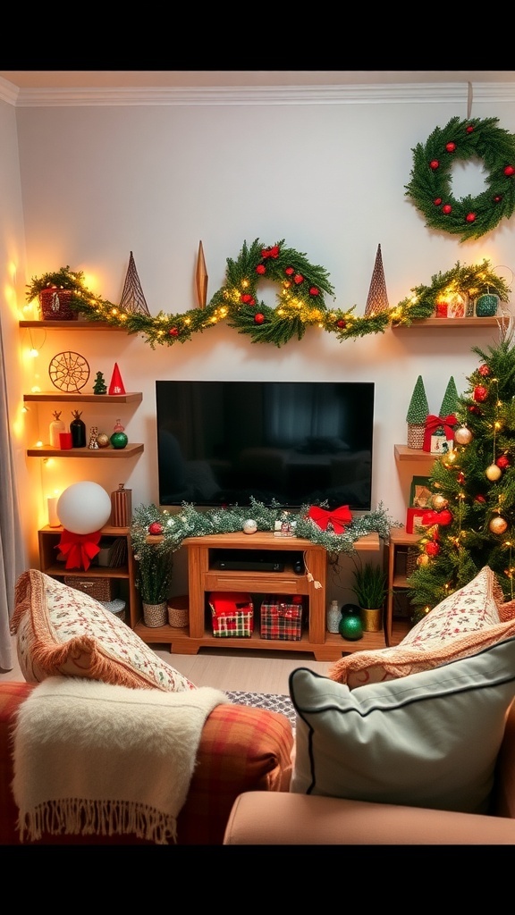 Creative Christmas Decor Ideas for Your TV Area A cozy TV area decorated for Christmas with lights, garlands, and ornaments.